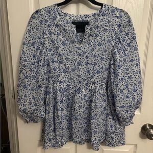 Samantha Sung | Blue White Floral Blouse Boho Peasant Cottagecore Sz 6